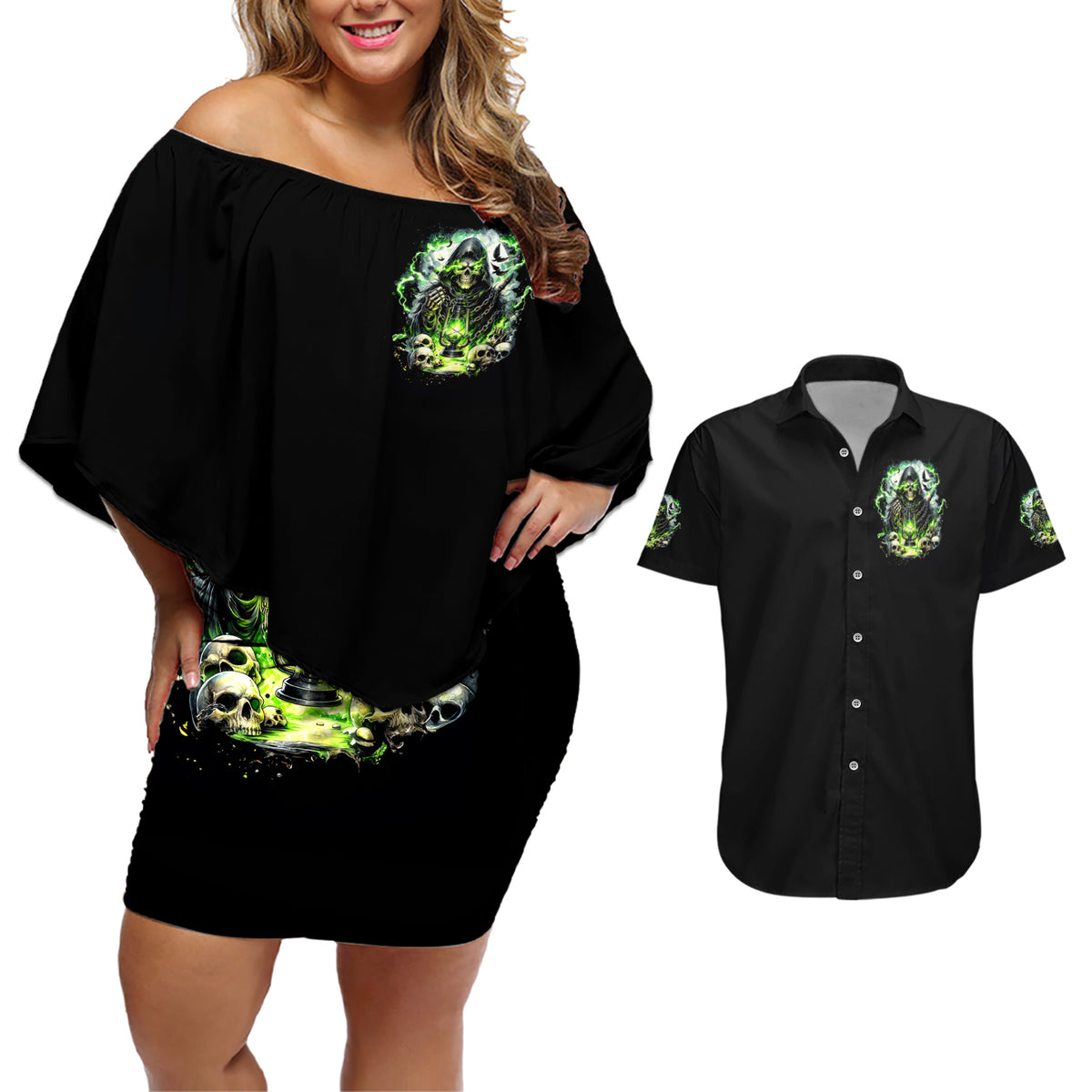 Reaper Skull Couples Matching Off Shoulder Short Dress and Hawaiian Shirt I Think I Was Designed To Be Alone - Wonder Print Shop