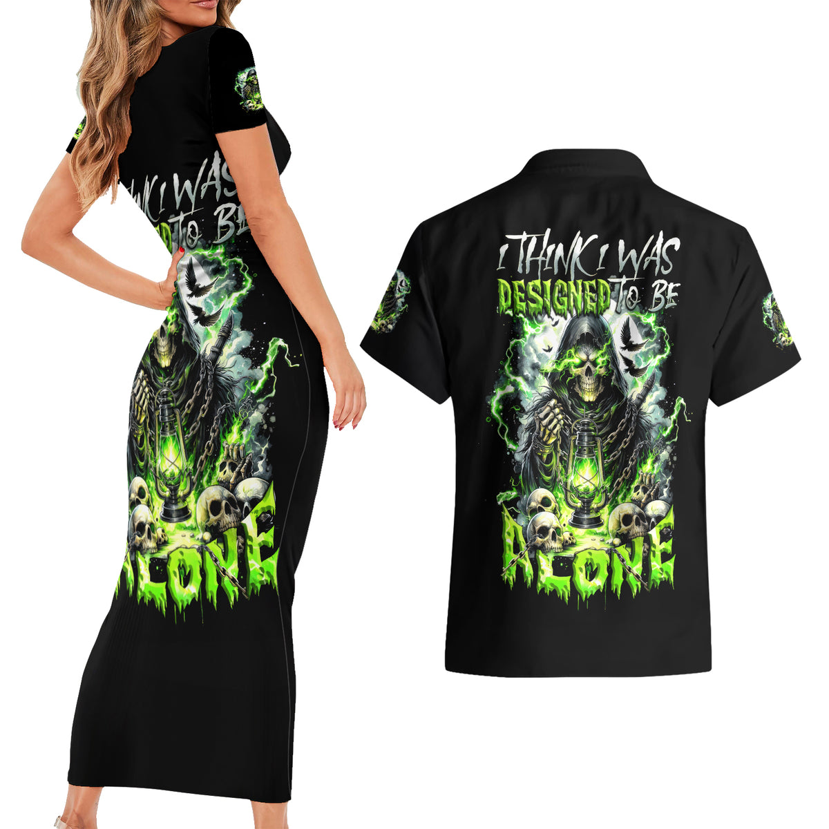 Reaper Skull Couples Matching Short Sleeve Bodycon Dress and Hawaiian Shirt I Think I Was Designed To Be Alone - Wonder Print Shop