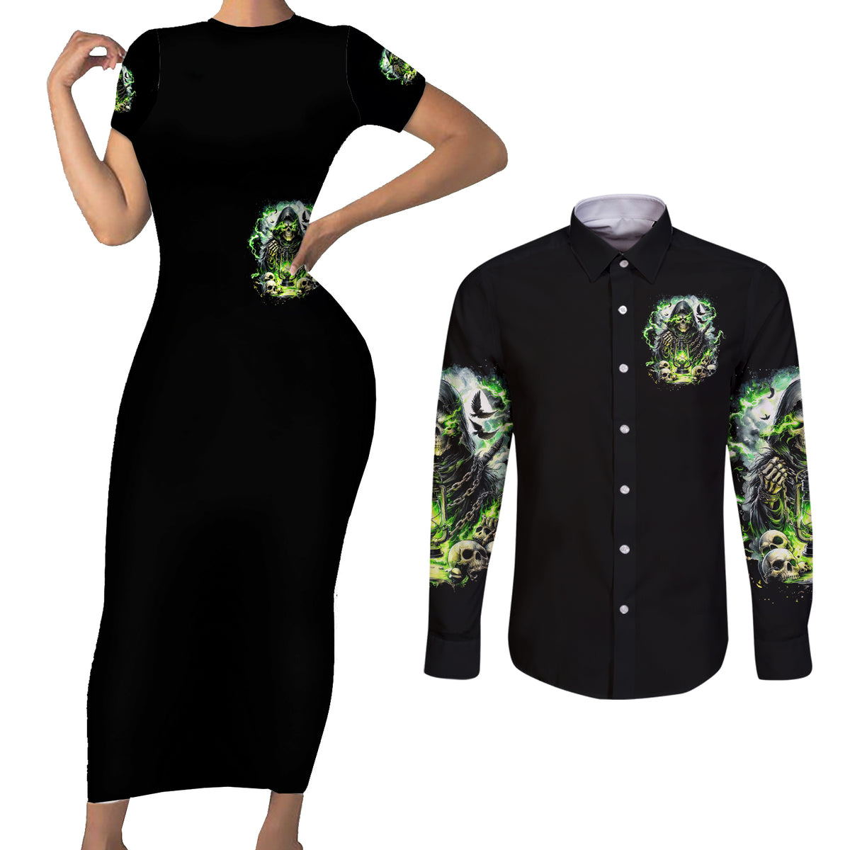 Reaper Skull Couples Matching Short Sleeve Bodycon Dress and Long Sleeve Button Shirt I Think I Was Designed To Be Alone - Wonder Print Shop
