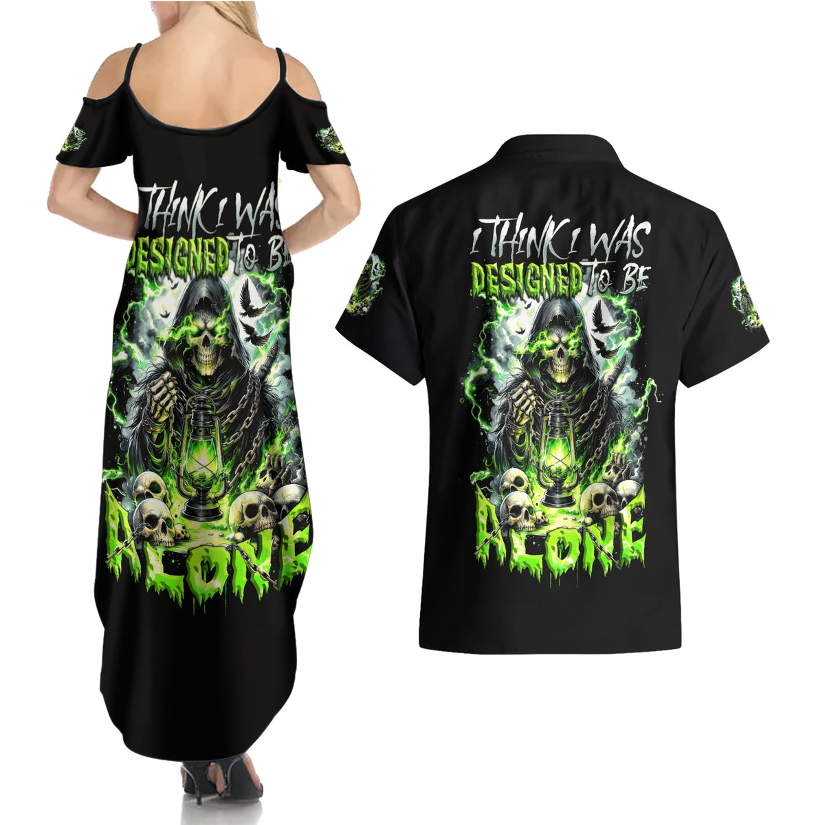 Reaper Skull Couples Matching Summer Maxi Dress and Hawaiian Shirt I Think I Was Designed To Be Alone - Wonder Print Shop