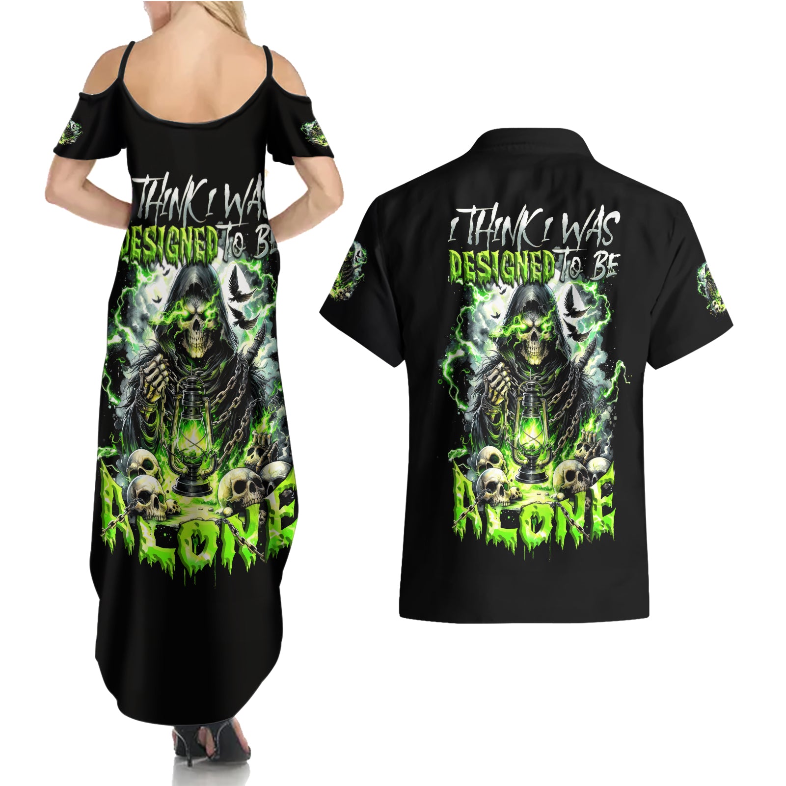 Reaper Skull Couples Matching Summer Maxi Dress and Hawaiian Shirt I Think I Was Designed To Be Alone - Wonder Print Shop