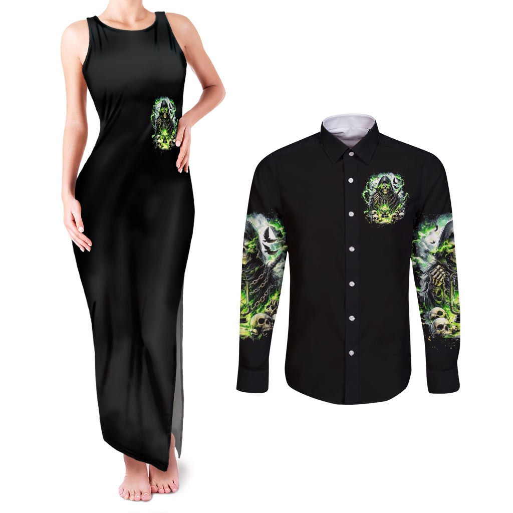 Reaper Skull Couples Matching Tank Maxi Dress and Long Sleeve Button Shirt I Think I Was Designed To Be Alone - Wonder Print Shop