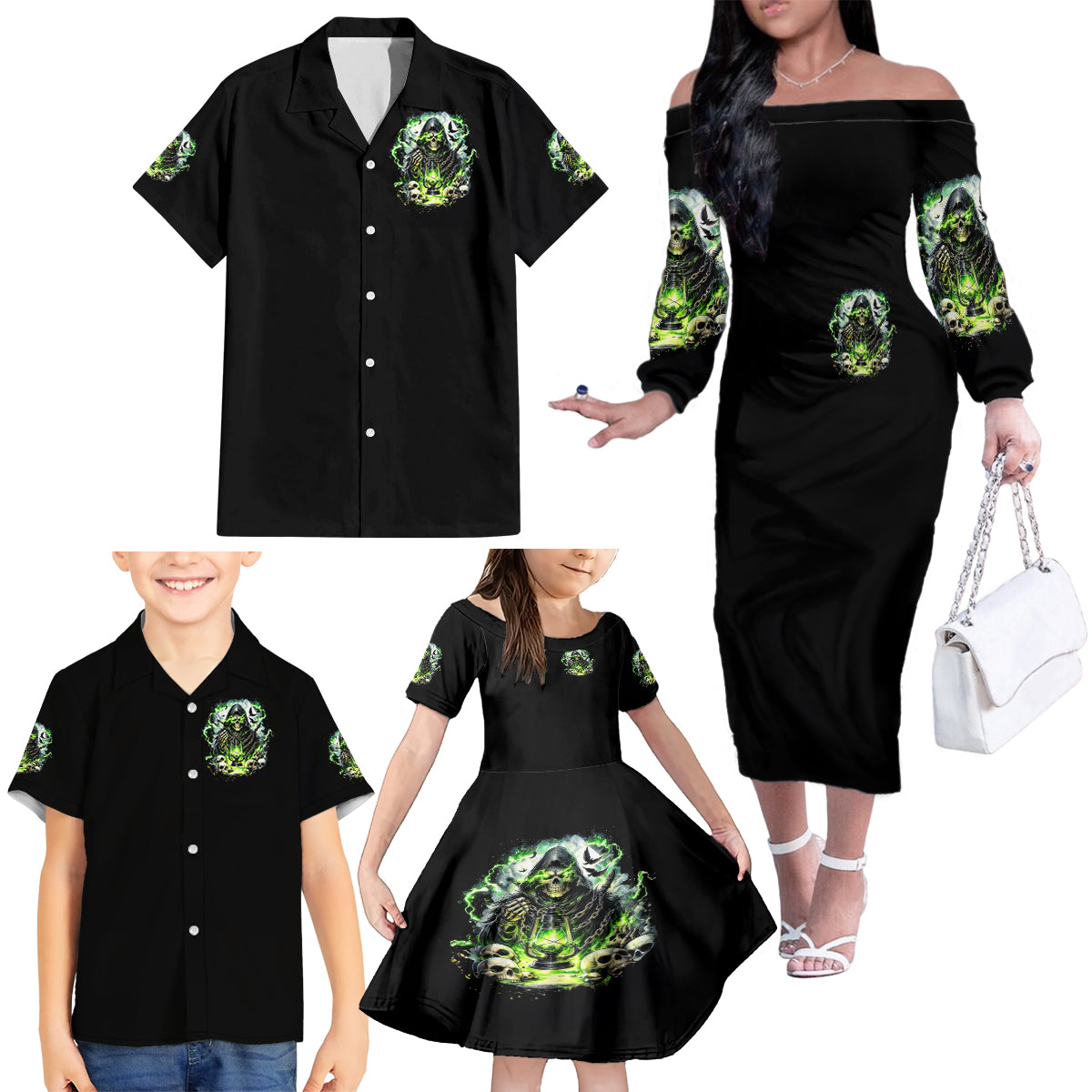 Reaper Skull Family Matching Off Shoulder Long Sleeve Dress and Hawaiian Shirt I Think I Was Designed To Be Alone - Wonder Print Shop
