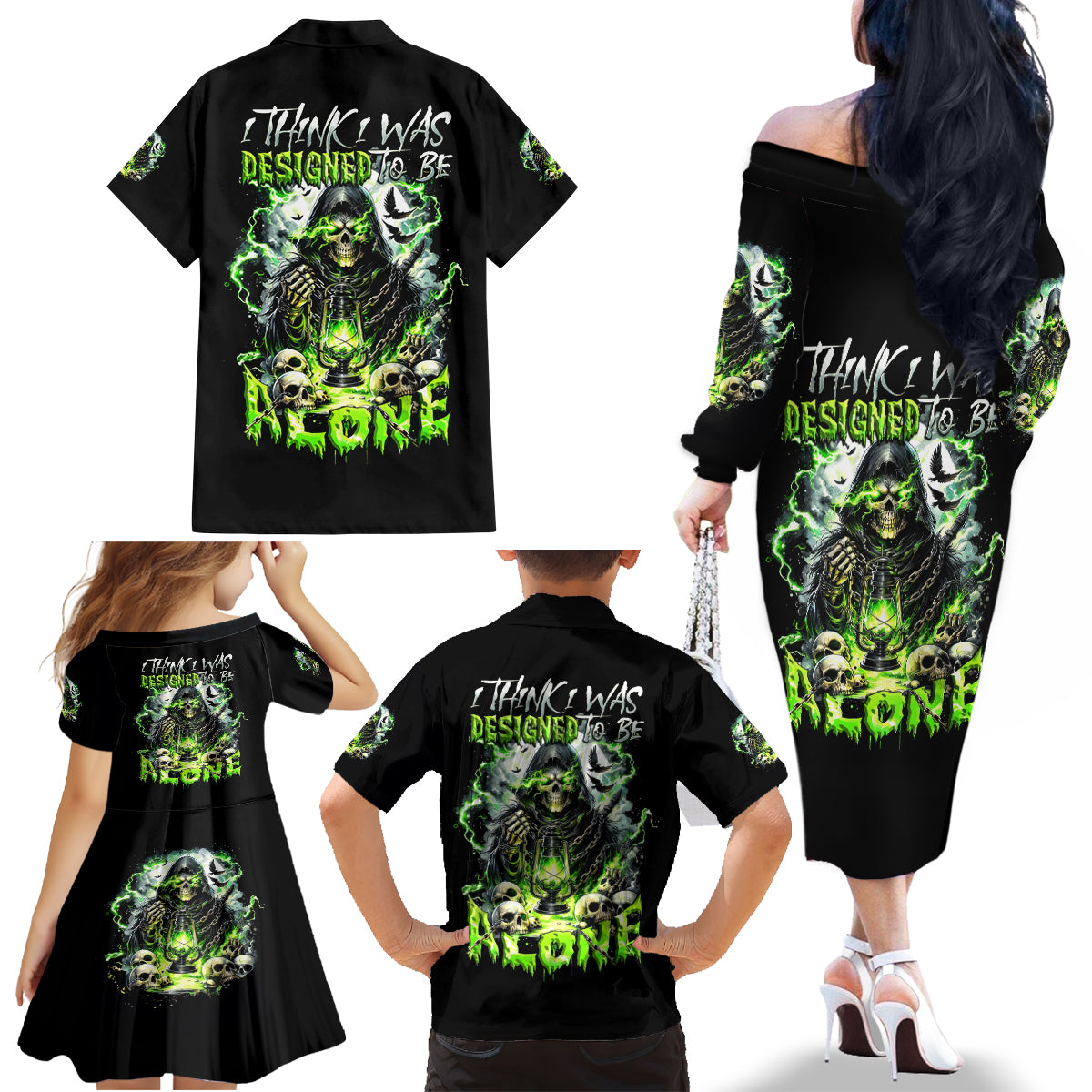 Reaper Skull Family Matching Off Shoulder Long Sleeve Dress and Hawaiian Shirt I Think I Was Designed To Be Alone - Wonder Print Shop