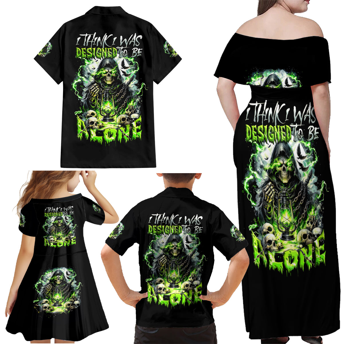 Reaper Skull Family Matching Off Shoulder Maxi Dress and Hawaiian Shirt I Think I Was Designed To Be Alone - Wonder Print Shop