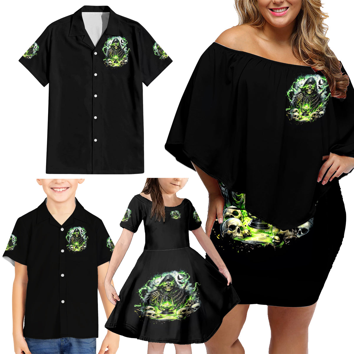 Reaper Skull Family Matching Off Shoulder Short Dress and Hawaiian Shirt I Think I Was Designed To Be Alone - Wonder Print Shop