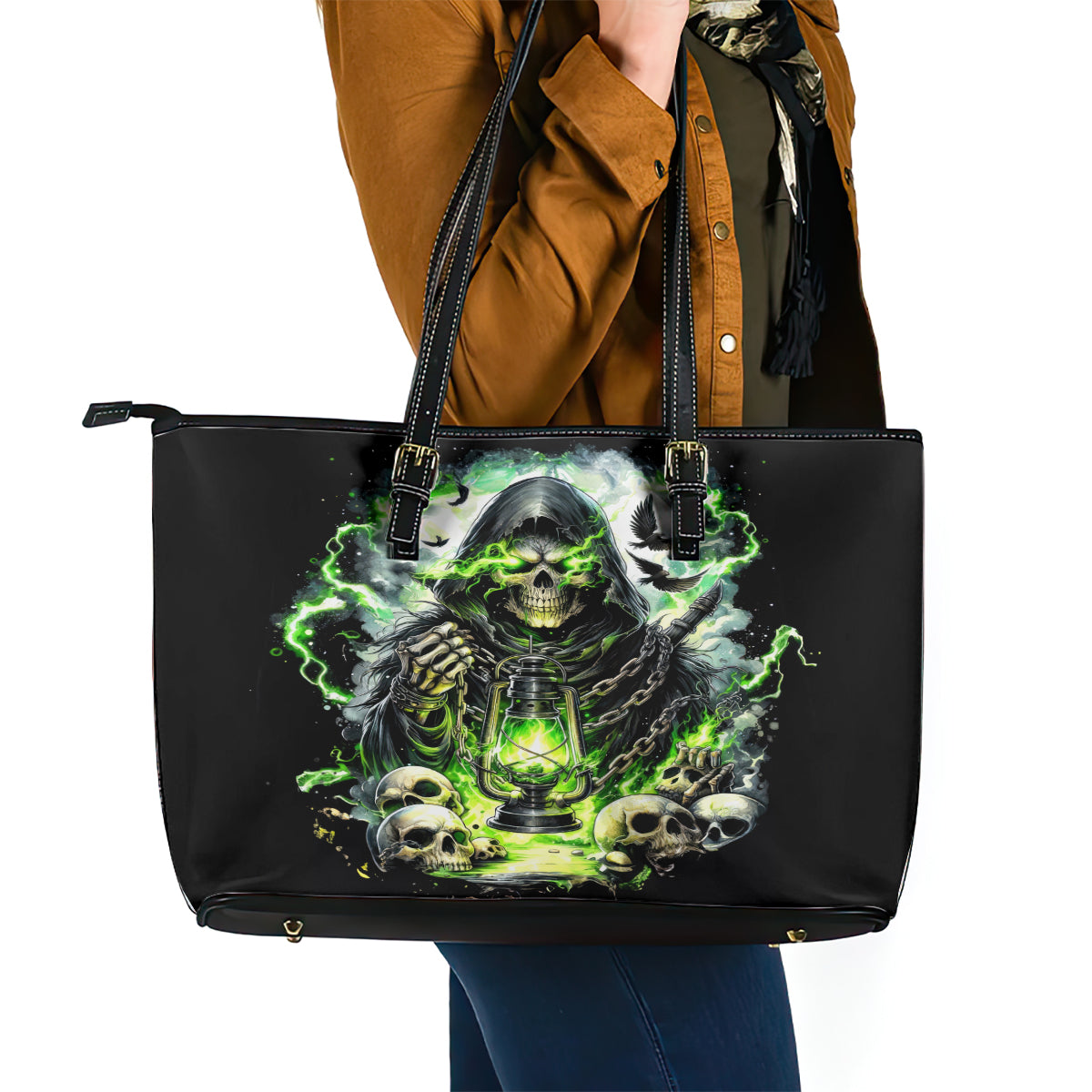 Reaper Skull Leather Tote Bag I Think I Was Designed To Be Alone - Wonder Print Shop