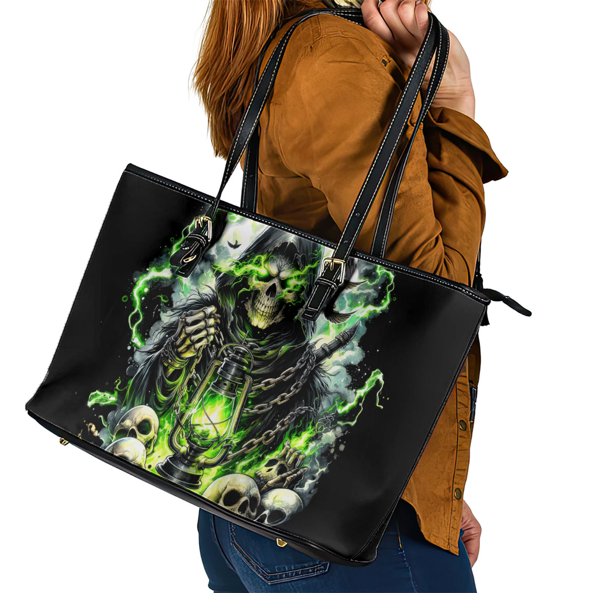 Reaper Skull Leather Tote Bag I Think I Was Designed To Be Alone - Wonder Print Shop