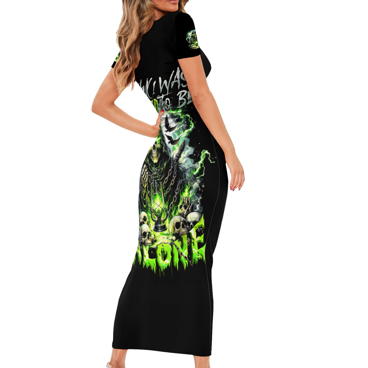 Reaper Skull Short Sleeve Bodycon Dress I Think I Was Designed To Be Alone - Wonder Print Shop