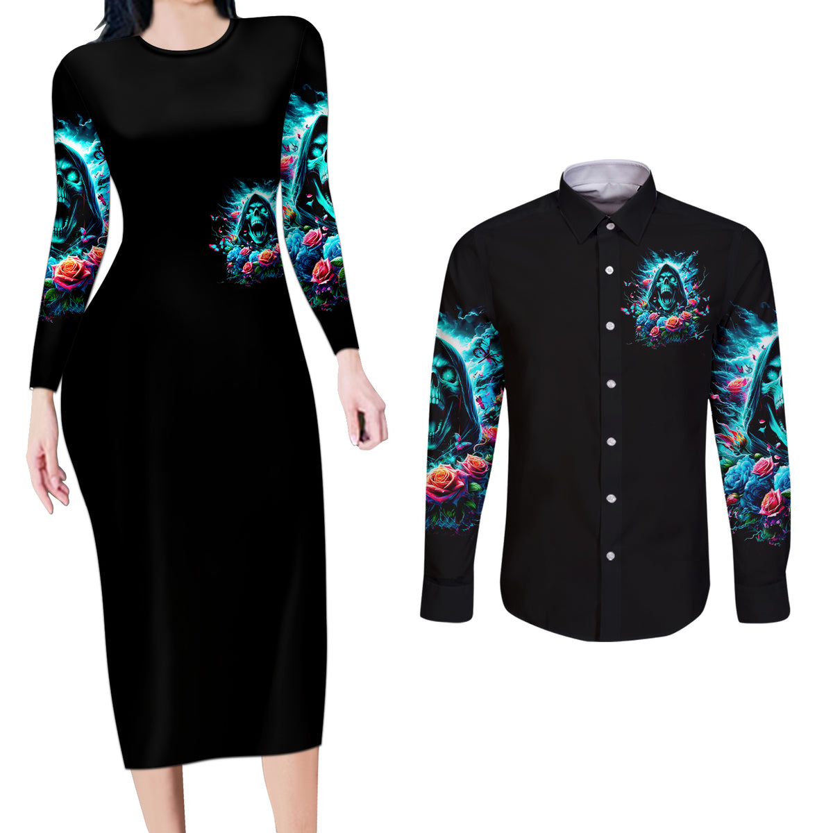 Rose Skull Couples Matching Long Sleeve Bodycon Dress and Long Sleeve Button Shirt She Whispered Back Iam The Storm - Wonder Print Shop
