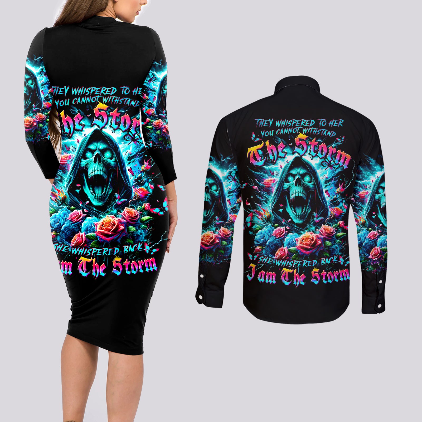 Rose Skull Couples Matching Long Sleeve Bodycon Dress and Long Sleeve Button Shirt She Whispered Back Iam The Storm - Wonder Print Shop