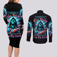 Rose Skull Couples Matching Long Sleeve Bodycon Dress and Long Sleeve Button Shirt She Whispered Back Iam The Storm - Wonder Print Shop