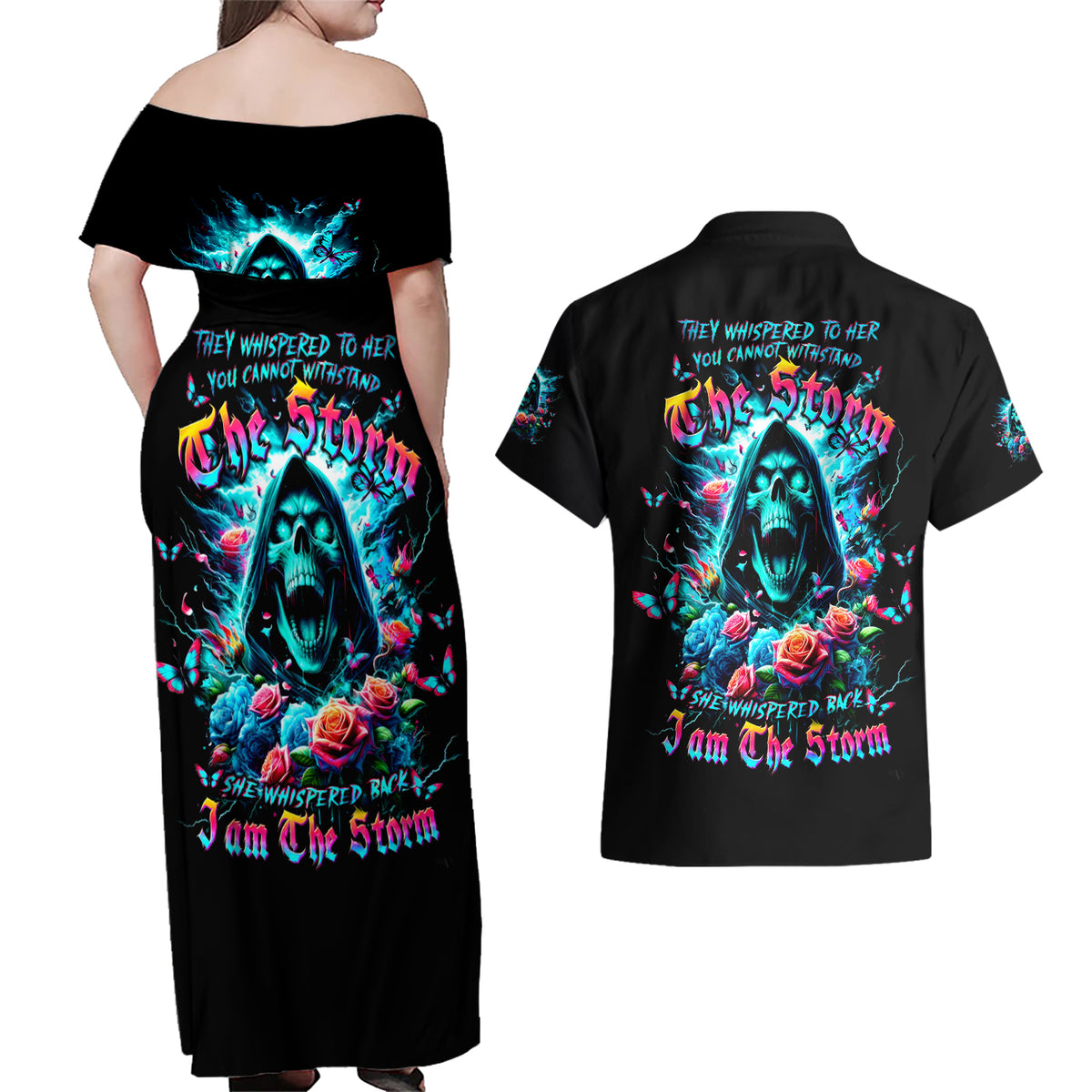 Rose Skull Couples Matching Off Shoulder Maxi Dress and Hawaiian Shirt She Whispered Back Iam The Storm - Wonder Print Shop