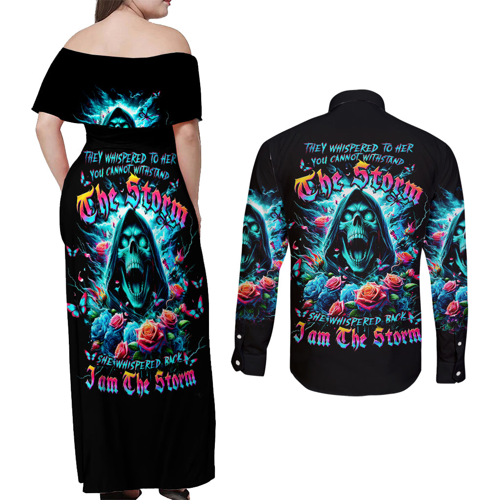 Rose Skull Couples Matching Off Shoulder Maxi Dress and Long Sleeve Button Shirt She Whispered Back Iam The Storm - Wonder Print Shop