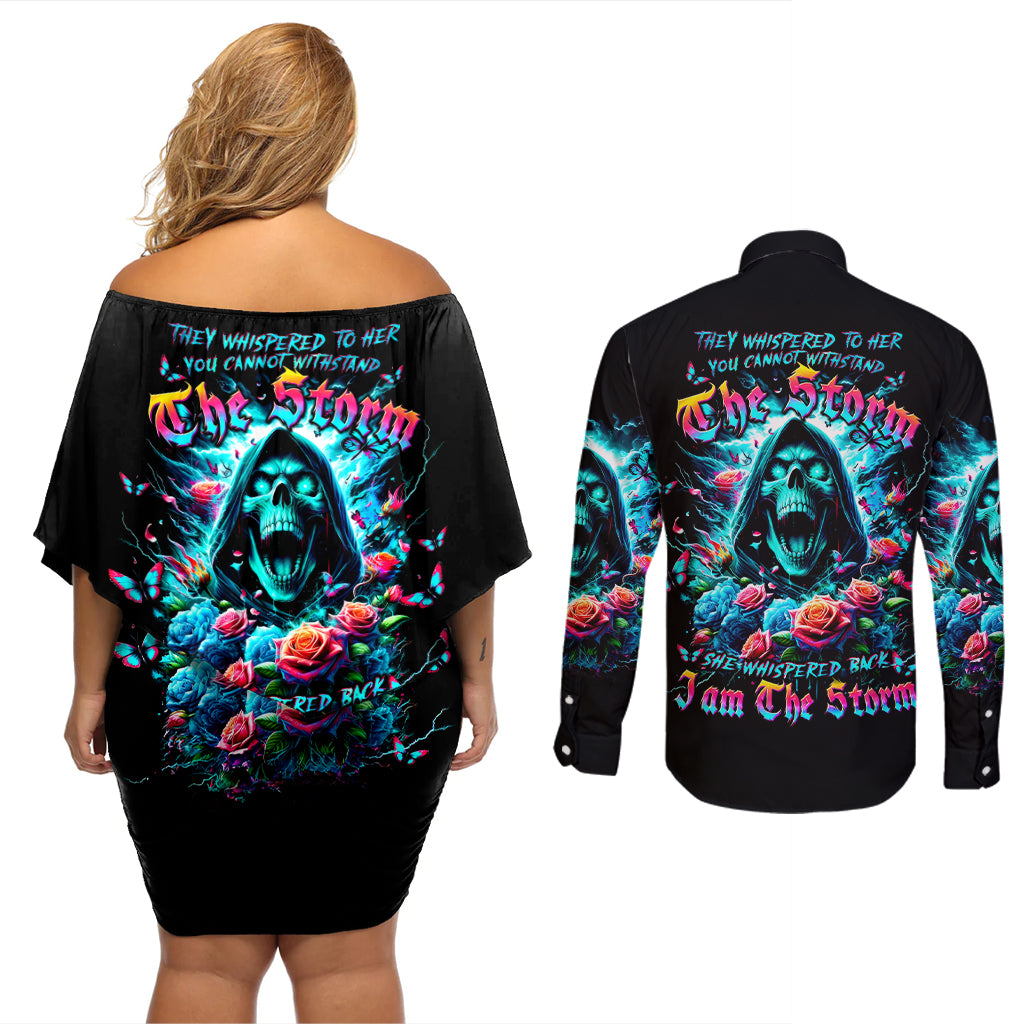 Rose Skull Couples Matching Off Shoulder Short Dress and Long Sleeve Button Shirt She Whispered Back Iam The Storm - Wonder Print Shop