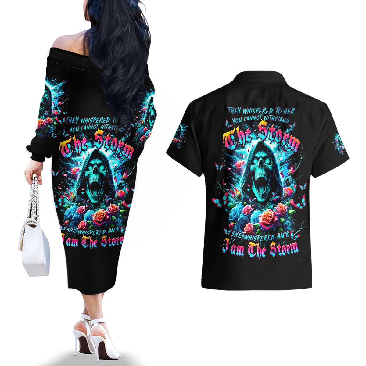 Rose Skull Couples Matching Off The Shoulder Long Sleeve Dress and Hawaiian Shirt She Whispered Back Iam The Storm - Wonder Print Shop