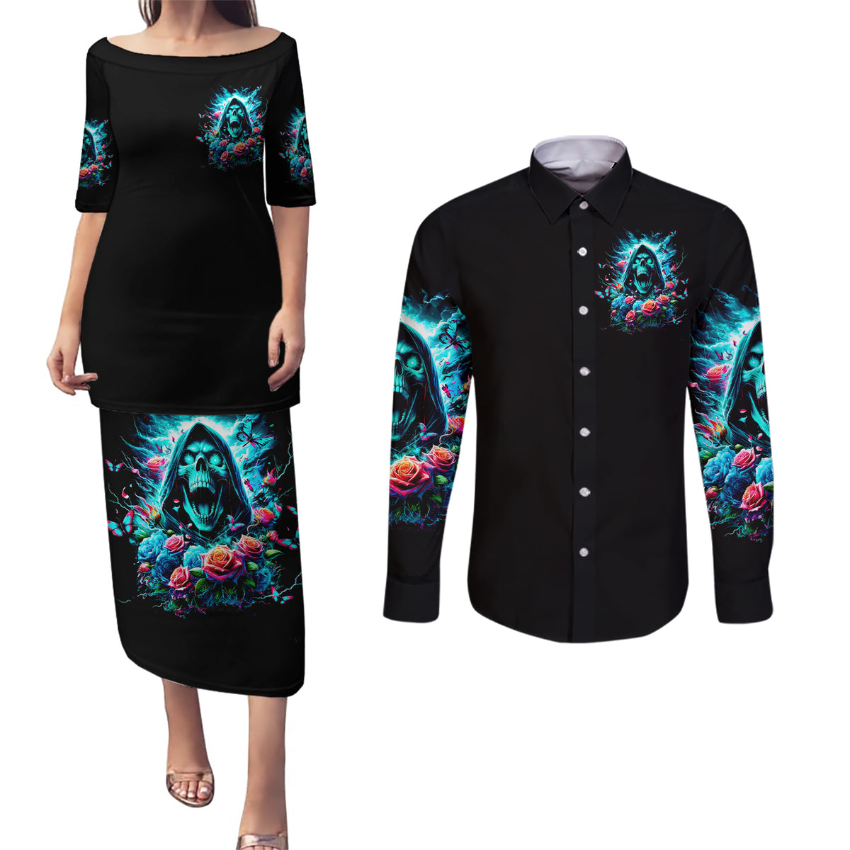 Rose Skull Couples Matching Puletasi and Long Sleeve Button Shirt She Whispered Back Iam The Storm - Wonder Print Shop