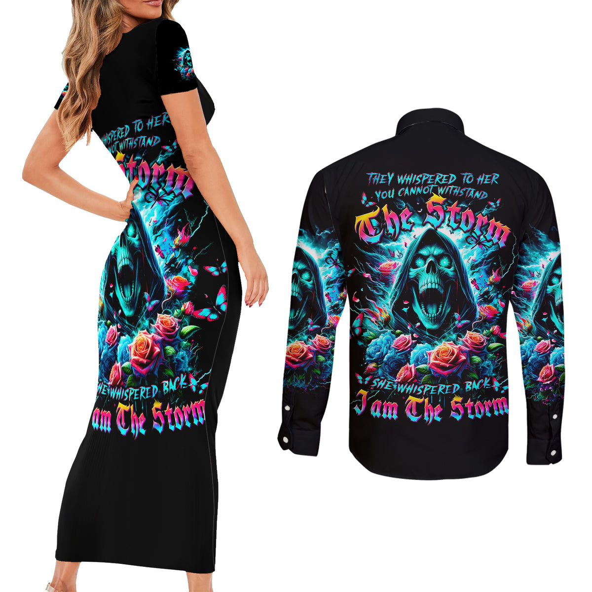 Rose Skull Couples Matching Short Sleeve Bodycon Dress and Long Sleeve Button Shirt She Whispered Back Iam The Storm - Wonder Print Shop