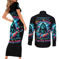 Rose Skull Couples Matching Short Sleeve Bodycon Dress and Long Sleeve Button Shirt She Whispered Back Iam The Storm - Wonder Print Shop