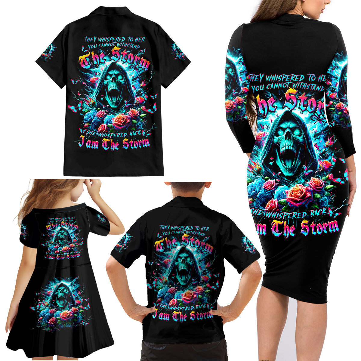Rose Skull Family Matching Long Sleeve Bodycon Dress and Hawaiian Shirt She Whispered Back Iam The Storm - Wonder Print Shop