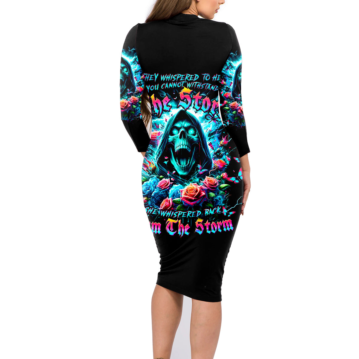 Rose Skull Family Matching Long Sleeve Bodycon Dress and Hawaiian Shirt She Whispered Back Iam The Storm - Wonder Print Shop