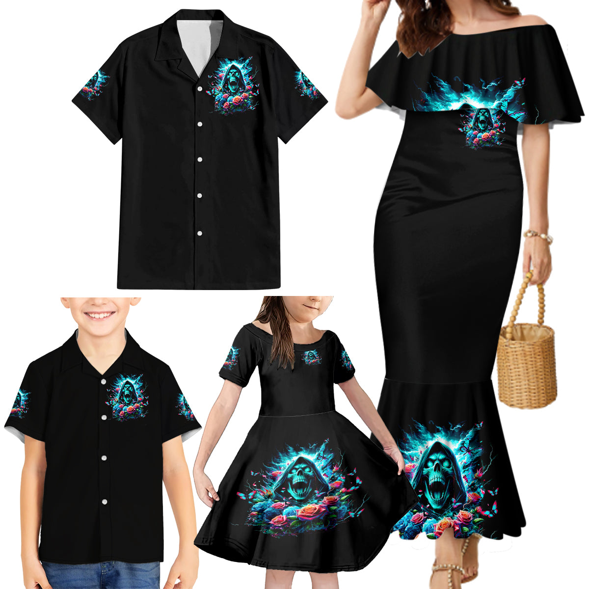 Rose Skull Family Matching Mermaid Dress and Hawaiian Shirt She Whispered Back Iam The Storm - Wonder Print Shop