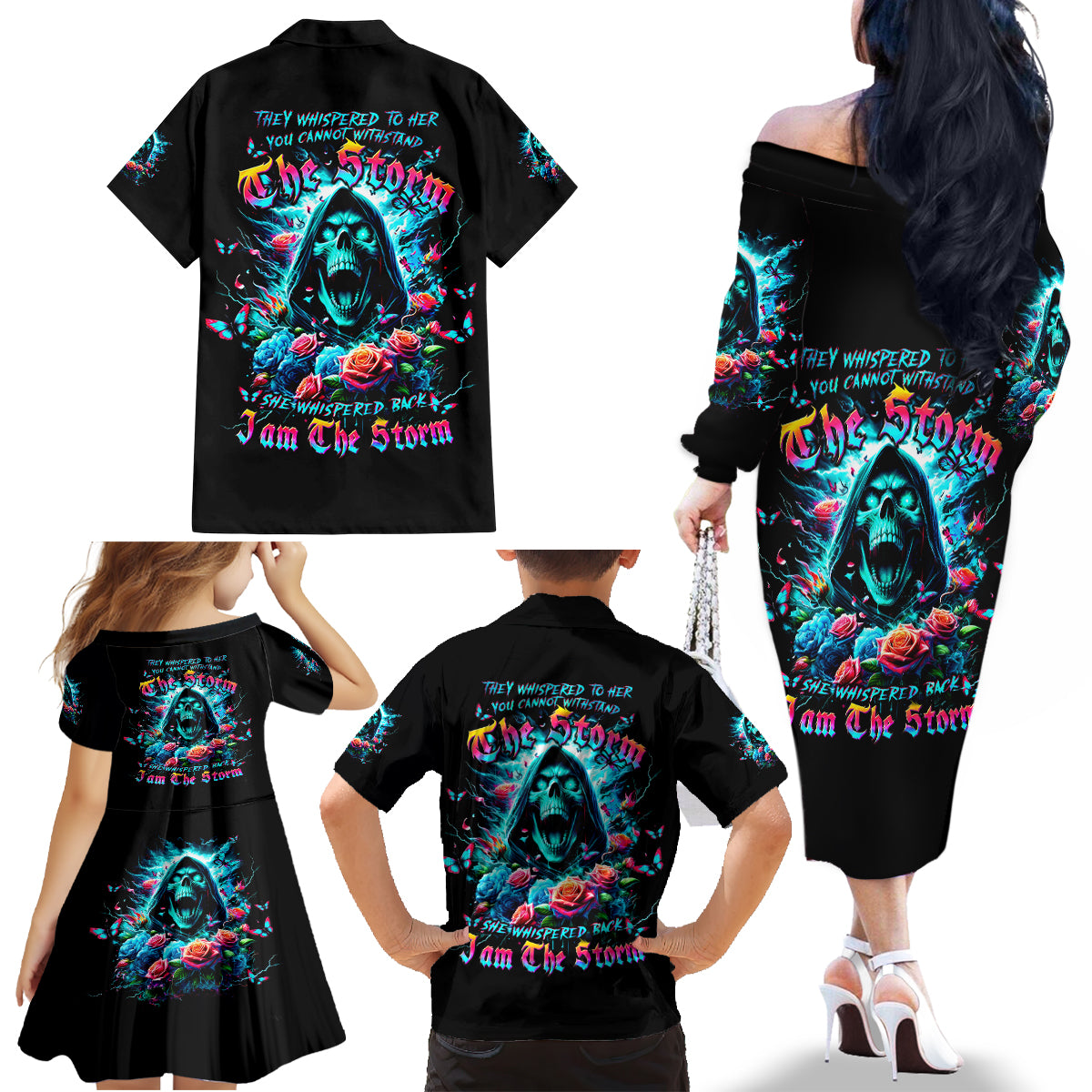 Rose Skull Family Matching Off Shoulder Long Sleeve Dress and Hawaiian Shirt She Whispered Back Iam The Storm - Wonder Print Shop