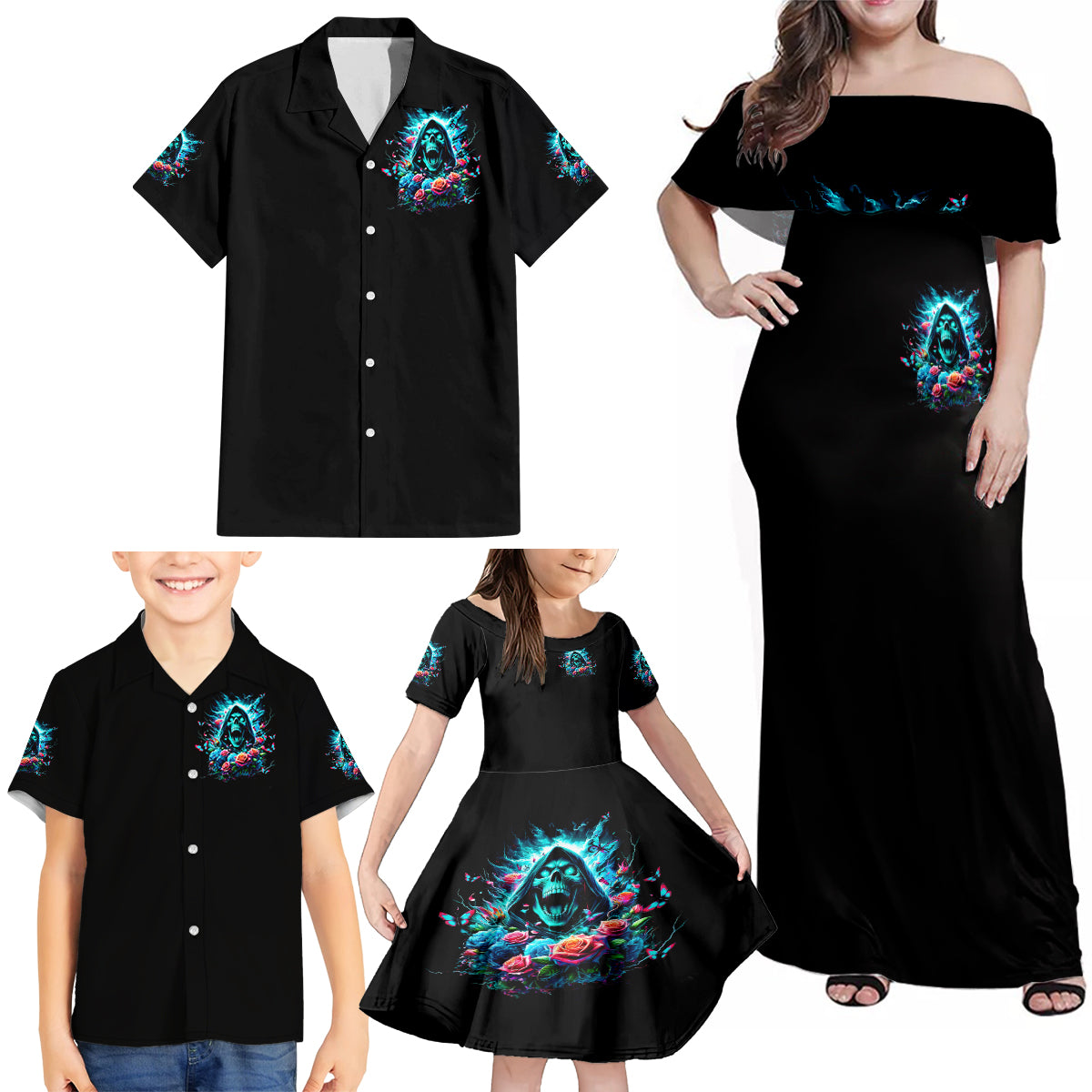 Rose Skull Family Matching Off Shoulder Maxi Dress and Hawaiian Shirt She Whispered Back Iam The Storm - Wonder Print Shop