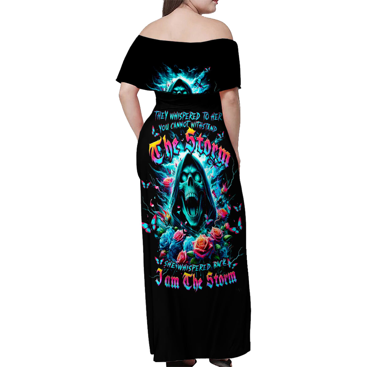 Rose Skull Family Matching Off Shoulder Maxi Dress and Hawaiian Shirt She Whispered Back Iam The Storm - Wonder Print Shop