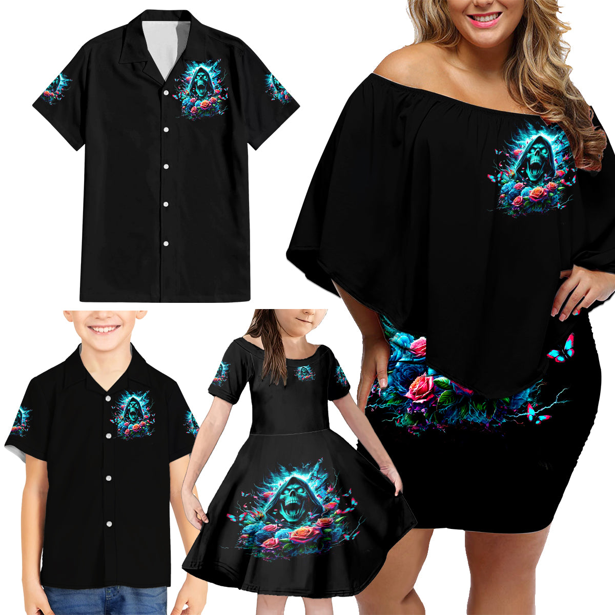 Rose Skull Family Matching Off Shoulder Short Dress and Hawaiian Shirt She Whispered Back Iam The Storm - Wonder Print Shop