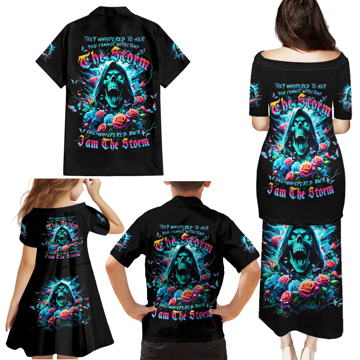 Rose Skull Family Matching Puletasi and Hawaiian Shirt She Whispered Back Iam The Storm - Wonder Print Shop