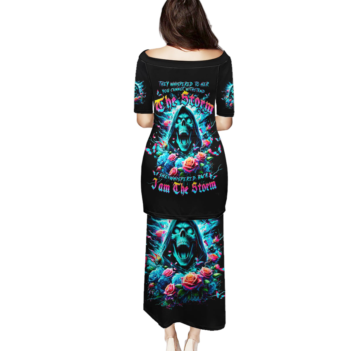 Rose Skull Family Matching Puletasi and Hawaiian Shirt She Whispered Back Iam The Storm - Wonder Print Shop