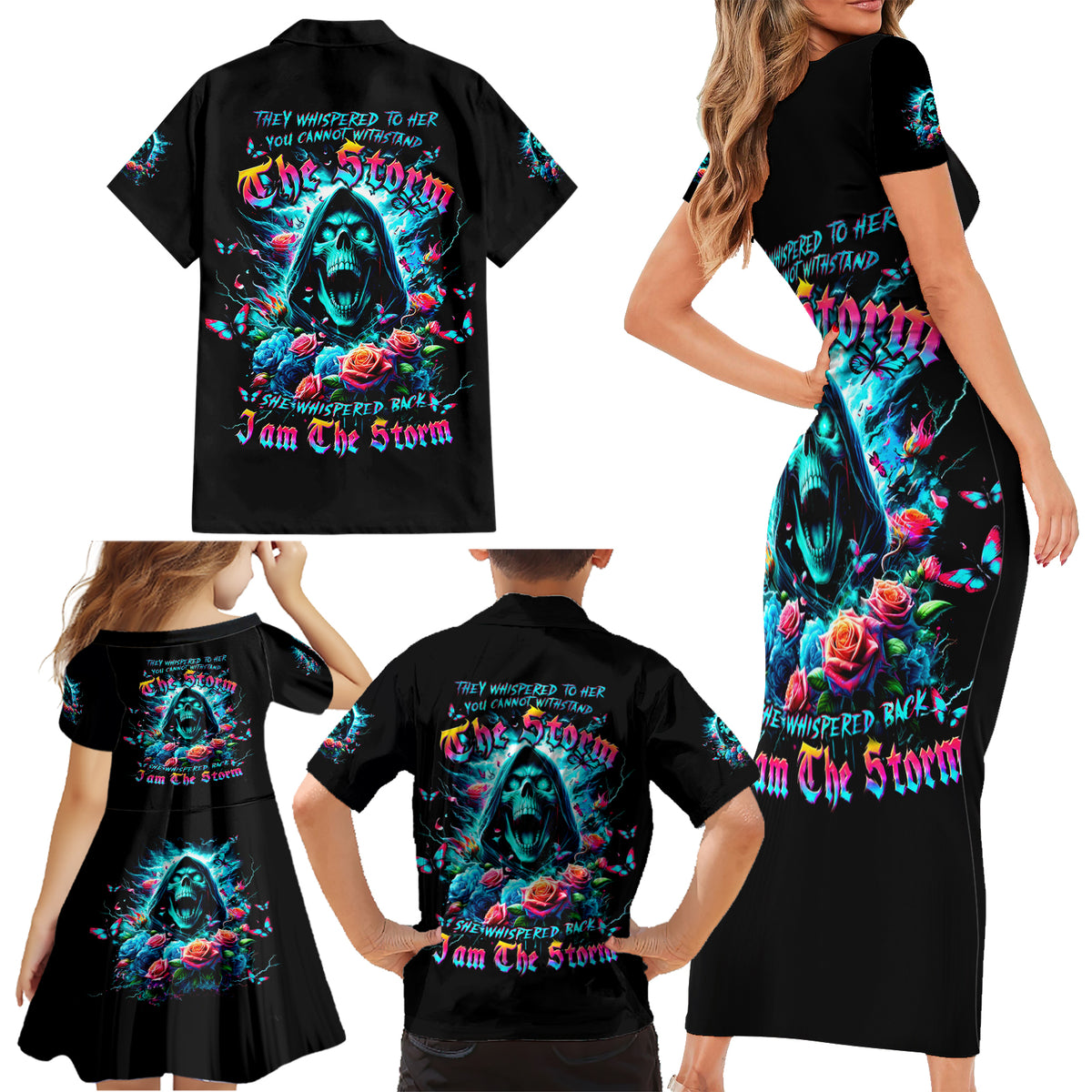 Rose Skull Family Matching Short Sleeve Bodycon Dress and Hawaiian Shirt She Whispered Back Iam The Storm - Wonder Print Shop