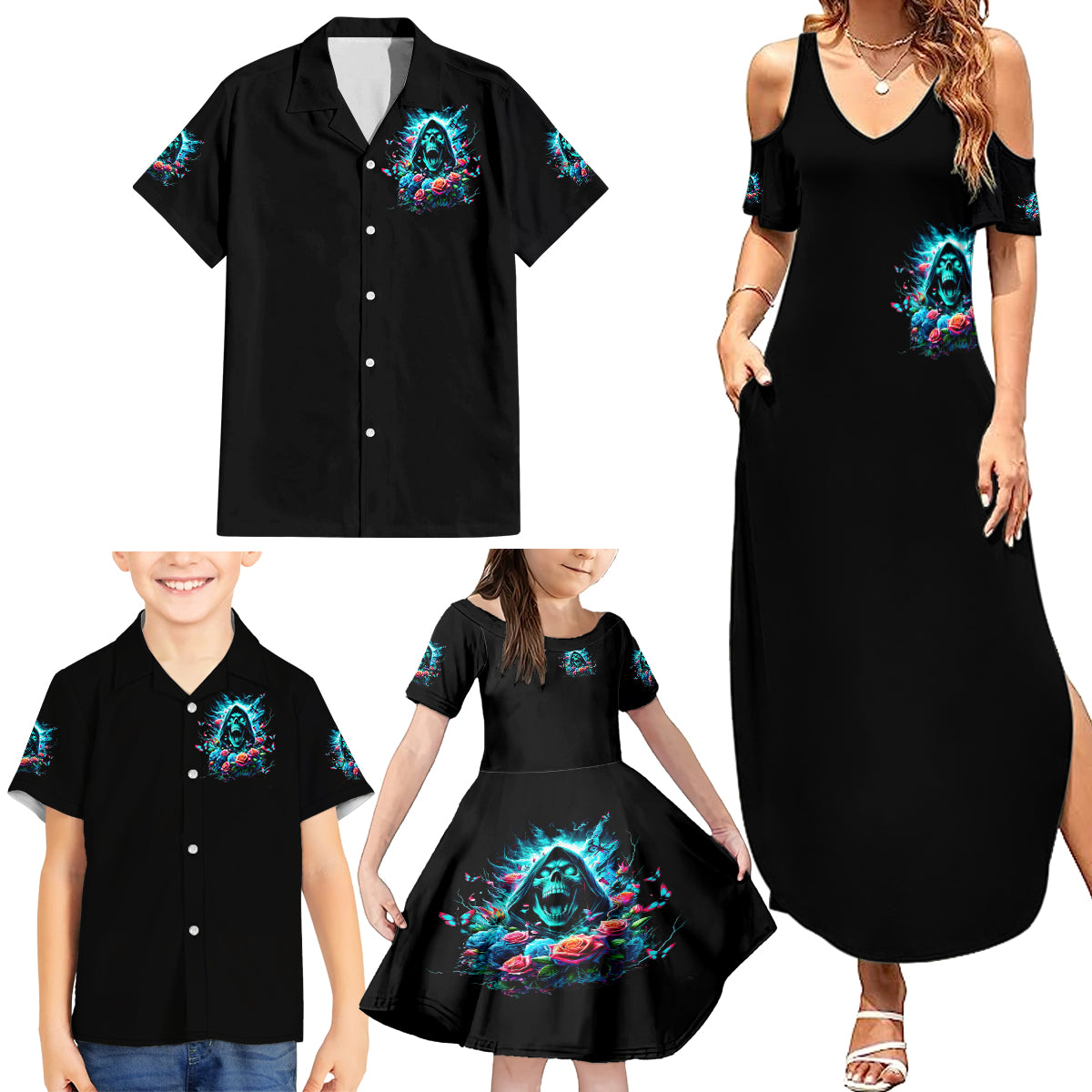 Rose Skull Family Matching Summer Maxi Dress and Hawaiian Shirt She Whispered Back Iam The Storm - Wonder Print Shop