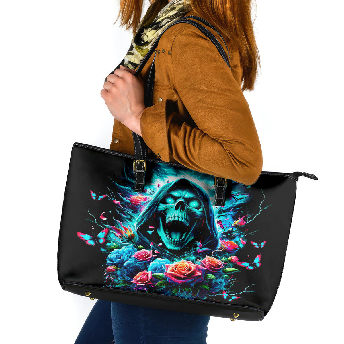 Rose Skull Leather Tote Bag She Whispered Back Iam The Storm - Wonder Print Shop