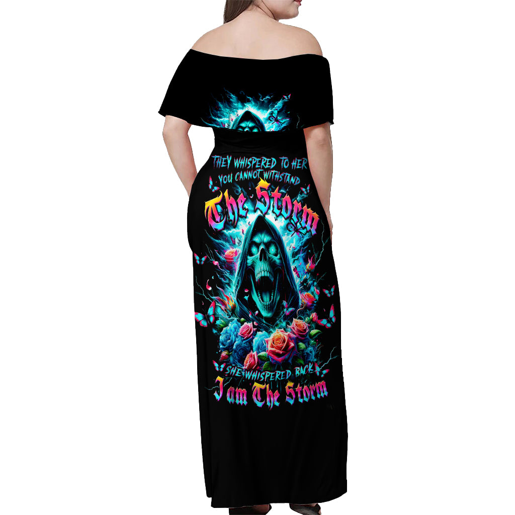 Rose Skull Off Shoulder Maxi Dress She Whispered Back Iam The Storm - Wonder Print Shop