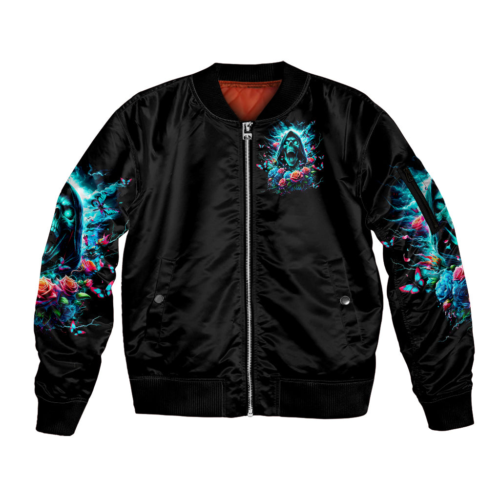 Rose Skull Sleeve Zip Bomber Jacket She Whispered Back Iam The Storm - Wonder Print Shop