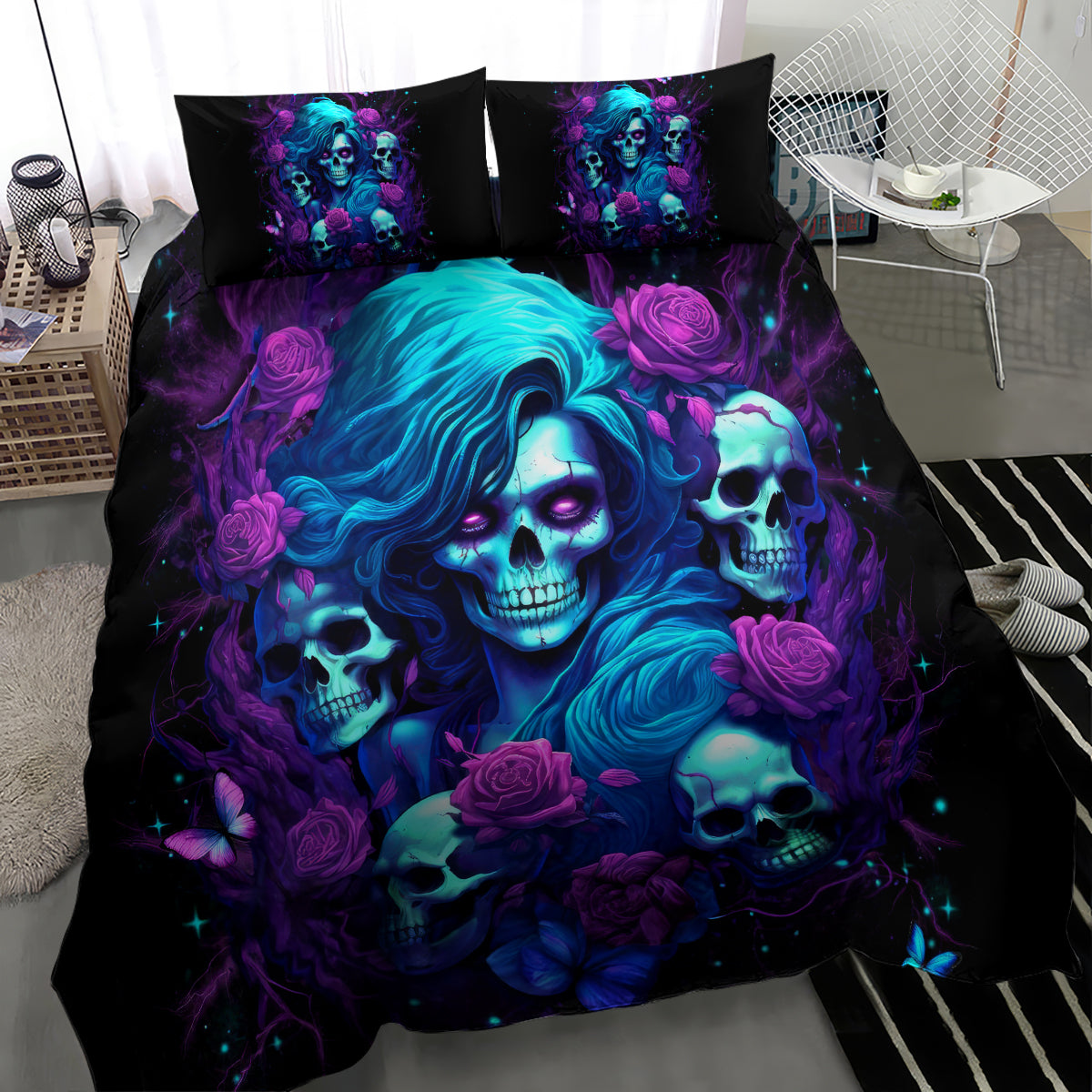 Rose Skull Bedding Set I'm Never Alone My Demon Are With Me 24/7 - Wonder Print Shop