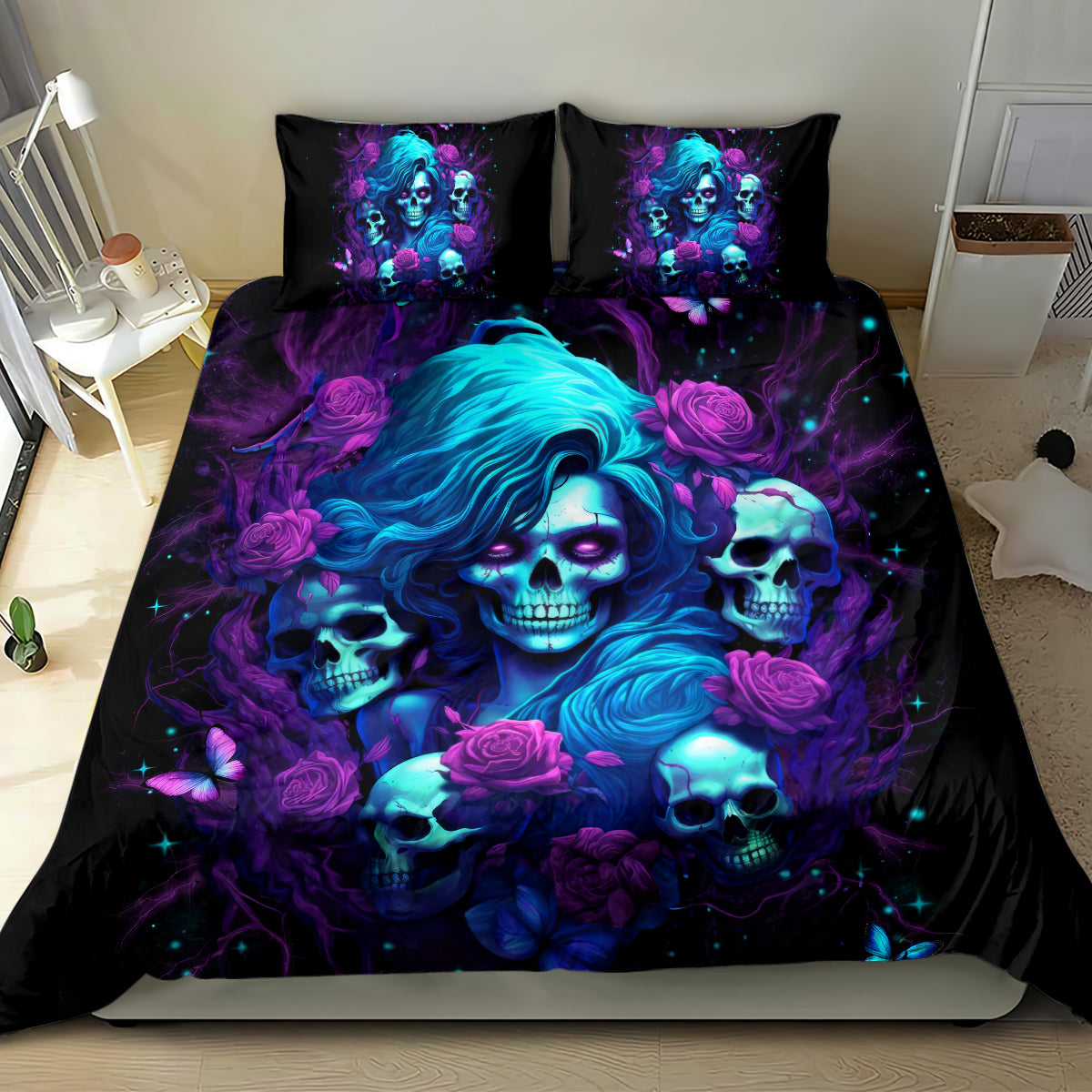 Rose Skull Bedding Set I'm Never Alone My Demon Are With Me 24/7 - Wonder Print Shop