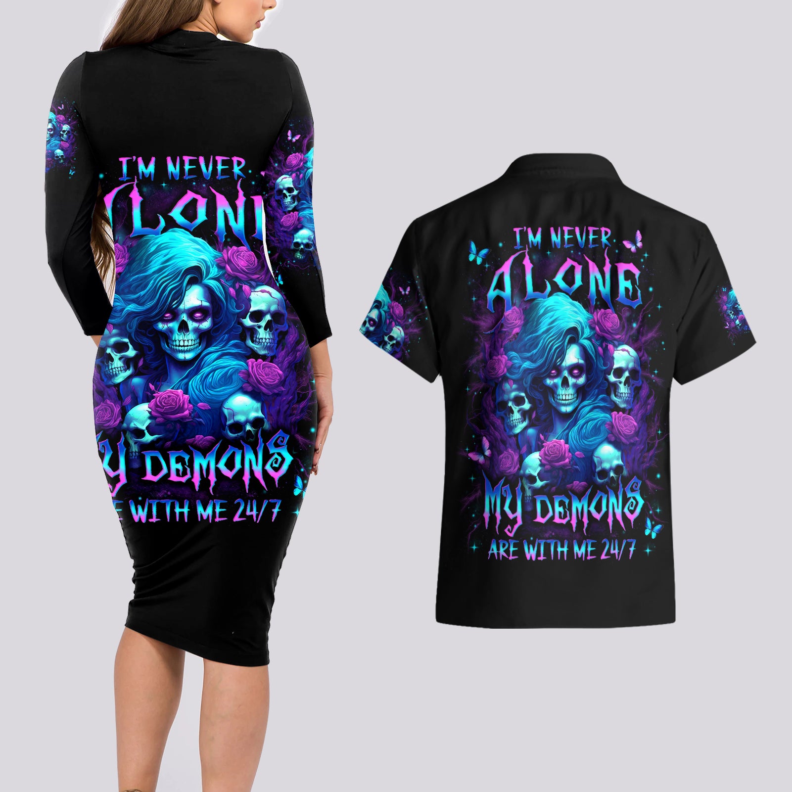 Rose Skull Couples Matching Long Sleeve Bodycon Dress and Hawaiian Shirt I'm Never Alone My Demon Are With Me 24/7 - Wonder Print Shop