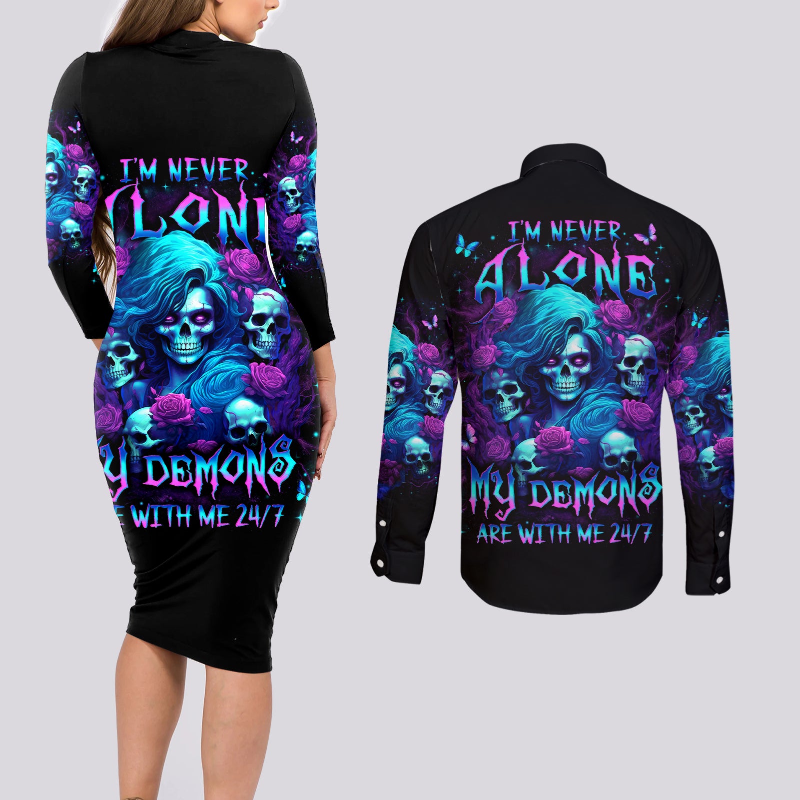 Rose Skull Couples Matching Long Sleeve Bodycon Dress and Long Sleeve Button Shirt I'm Never Alone My Demon Are With Me 24/7 - Wonder Print Shop