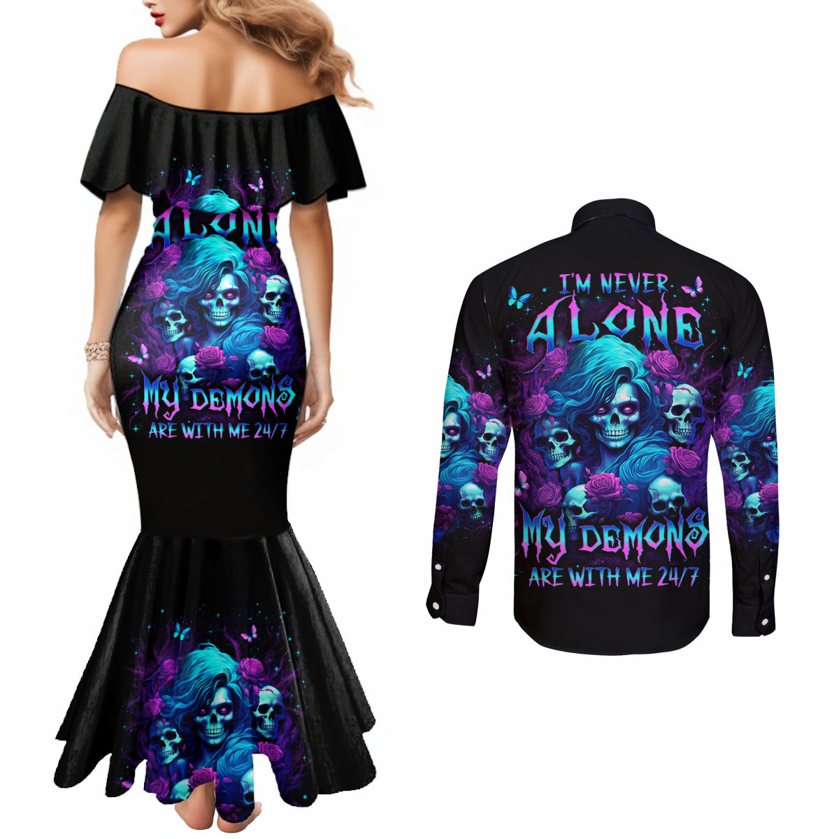Rose Skull Couples Matching Mermaid Dress and Long Sleeve Button Shirt I'm Never Alone My Demon Are With Me 24/7