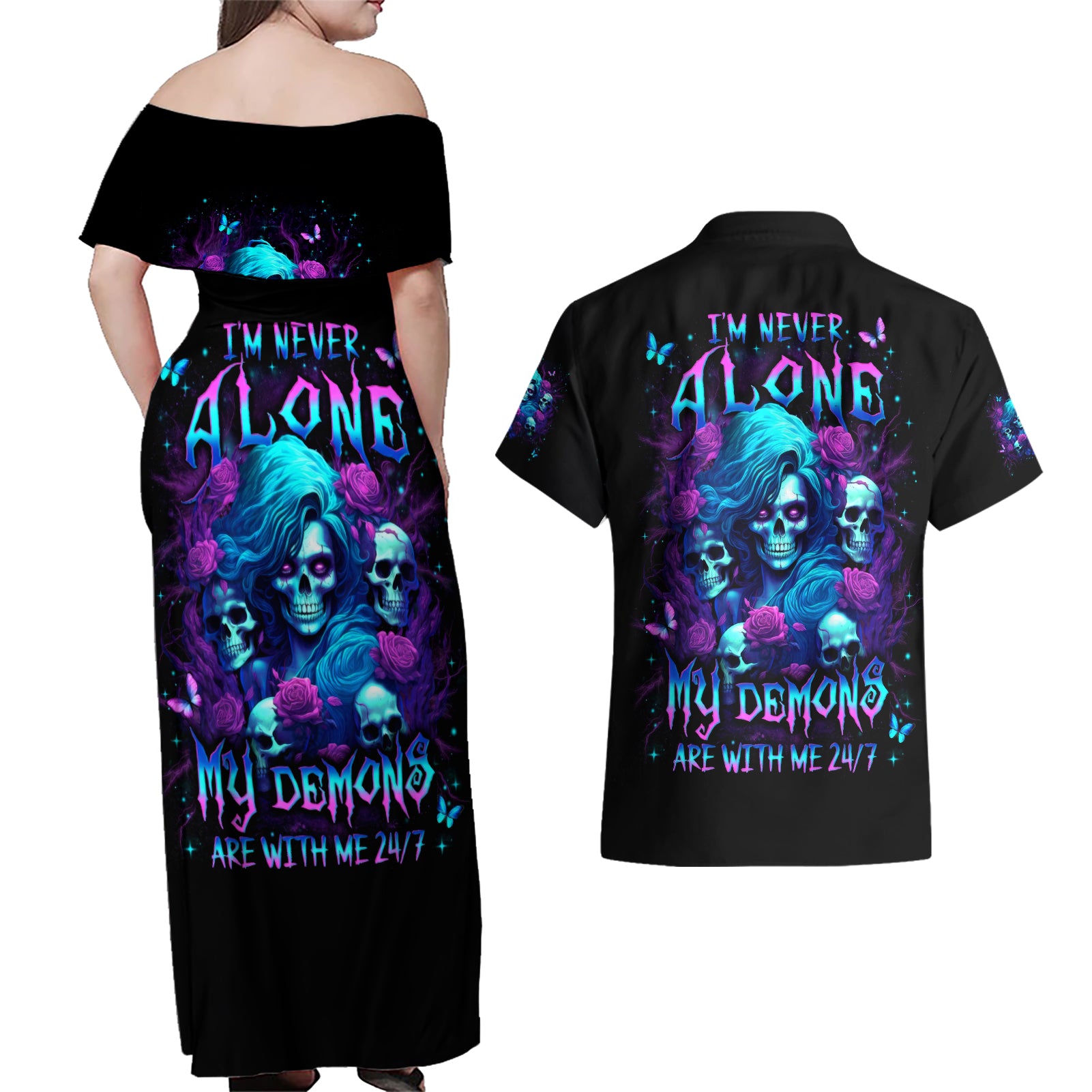 Rose Skull Couples Matching Off Shoulder Maxi Dress and Hawaiian Shirt I'm Never Alone My Demon Are With Me 24/7 - Wonder Print Shop