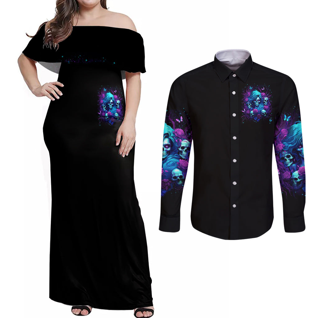 Rose Skull Couples Matching Off Shoulder Maxi Dress and Long Sleeve Button Shirt I'm Never Alone My Demon Are With Me 24/7 - Wonder Print Shop