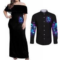 Rose Skull Couples Matching Off Shoulder Maxi Dress and Long Sleeve Button Shirt I'm Never Alone My Demon Are With Me 24/7 - Wonder Print Shop