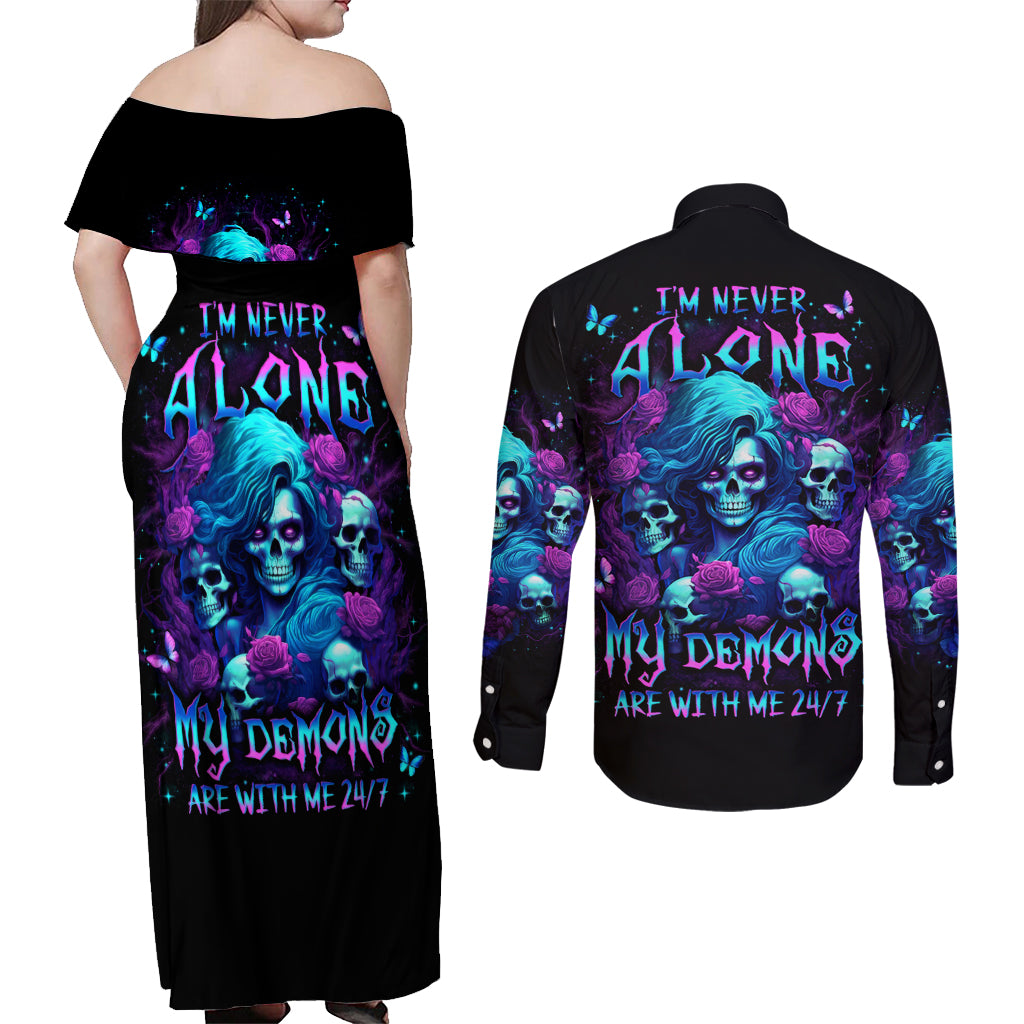 Rose Skull Couples Matching Off Shoulder Maxi Dress and Long Sleeve Button Shirt I'm Never Alone My Demon Are With Me 24/7 - Wonder Print Shop