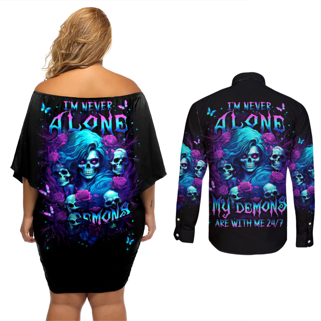 Rose Skull Couples Matching Off Shoulder Short Dress and Long Sleeve Button Shirt I'm Never Alone My Demon Are With Me 24/7 - Wonder Print Shop