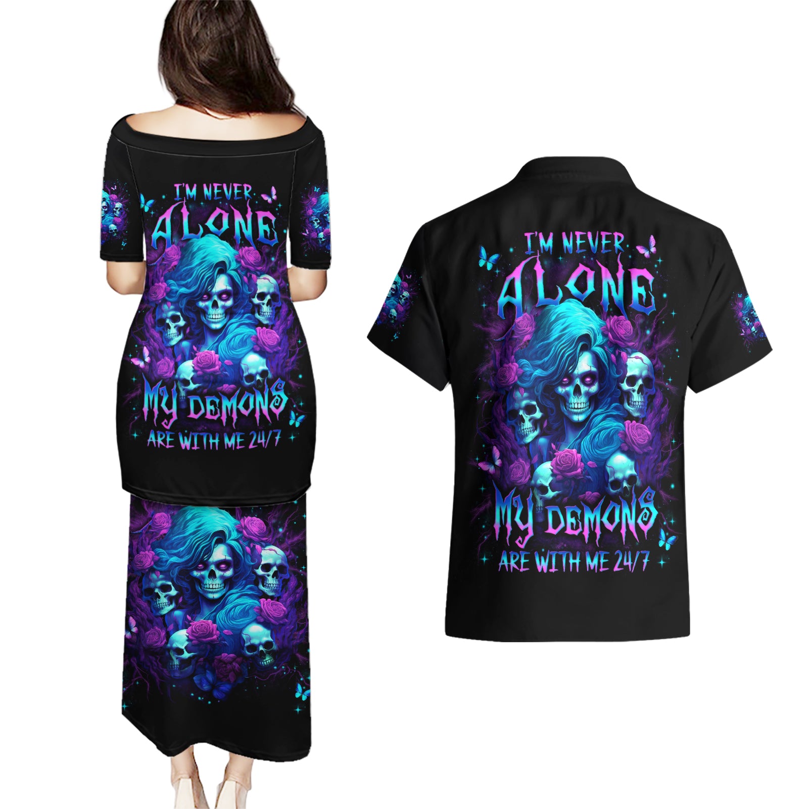 Rose Skull Couples Matching Puletasi and Hawaiian Shirt I'm Never Alone My Demon Are With Me 24/7 - Wonder Print Shop