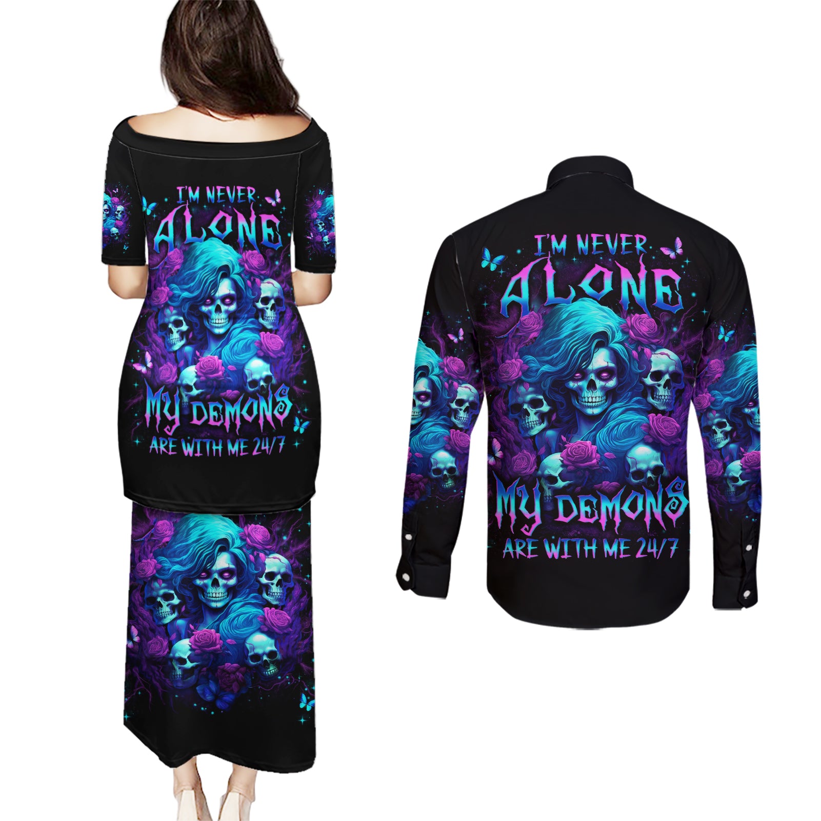 Rose Skull Couples Matching Puletasi and Long Sleeve Button Shirt I'm Never Alone My Demon Are With Me 24/7 - Wonder Print Shop