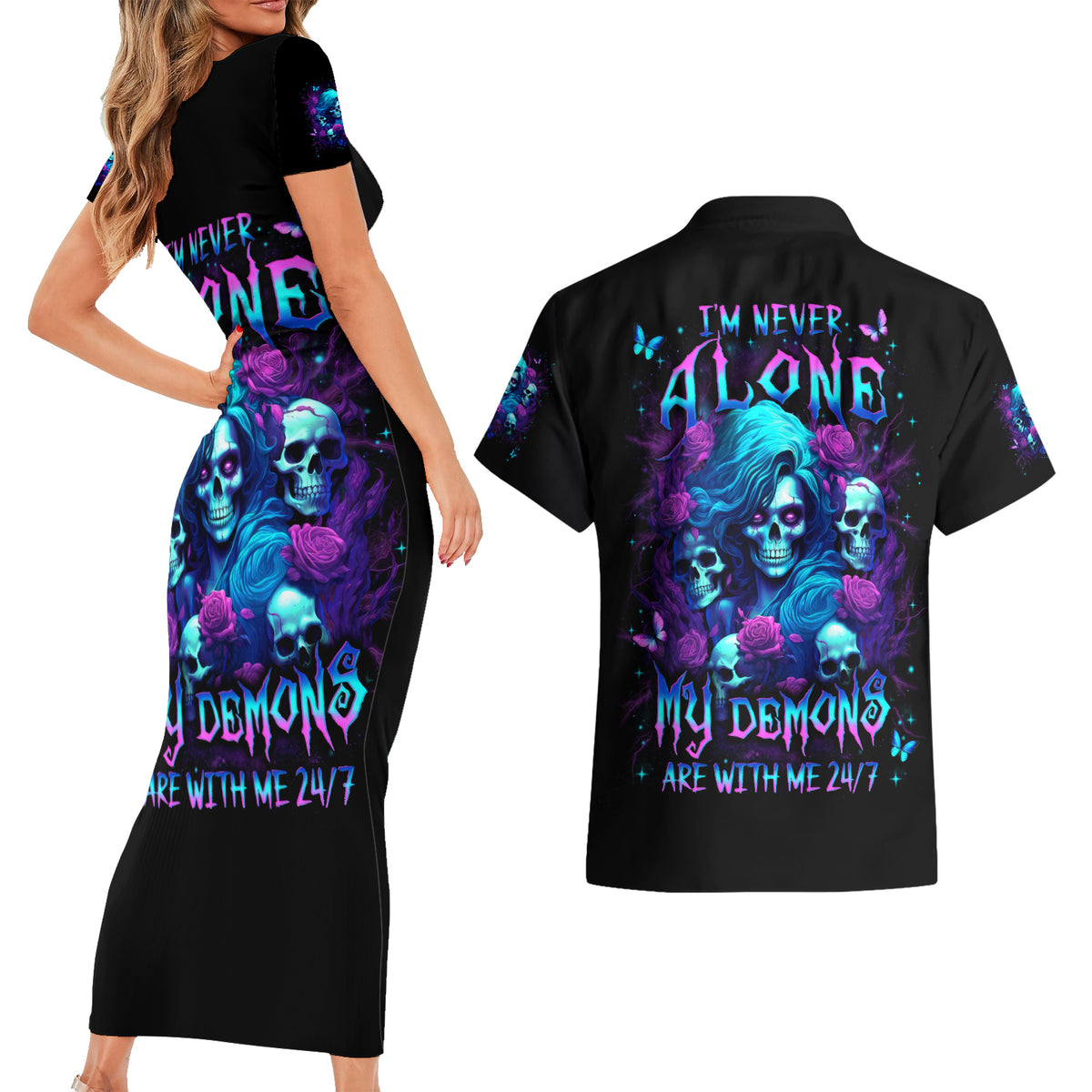 Rose Skull Couples Matching Short Sleeve Bodycon Dress and Hawaiian Shirt I'm Never Alone My Demon Are With Me 24/7 - Wonder Print Shop